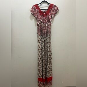 ANTHRO PATRONS OF PEACE RED MULTI COLOR OFF THE SHOULDER FLORAL MAXI DRESS - S